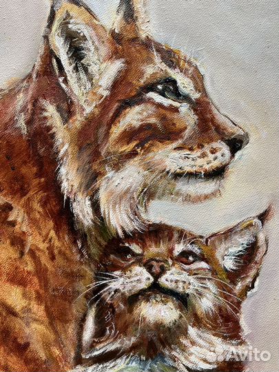 Картина маслом Две рыси Круглый холст 40 см