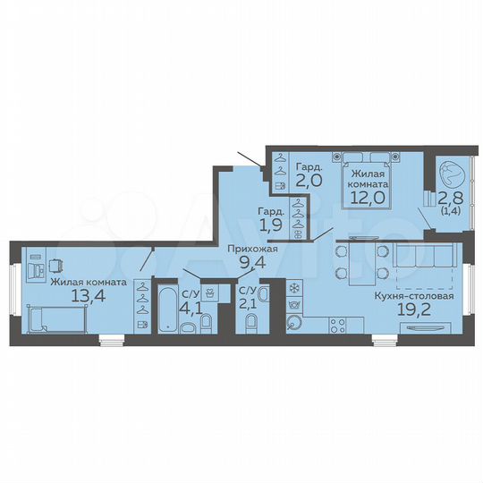 2-к. квартира, 65,5 м², 2/15 эт.
