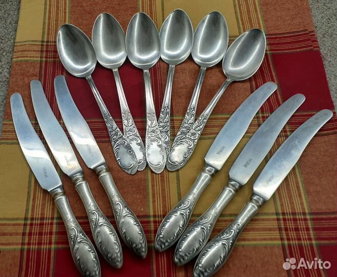 Мельхиоровые столовые ложки и ножи по 6 шт.Винтаж