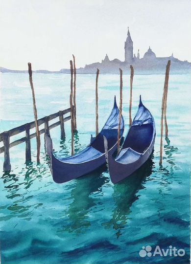 Море, лодки. Венеция. Картина, акварель, оригинал