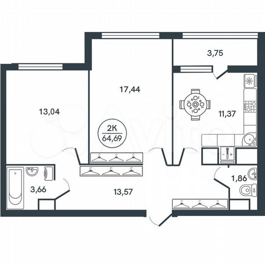 2-к. квартира, 65 м², 13/16 эт.