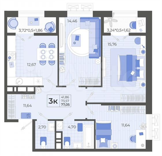 3-к. квартира, 77,1 м², 12/14 эт.