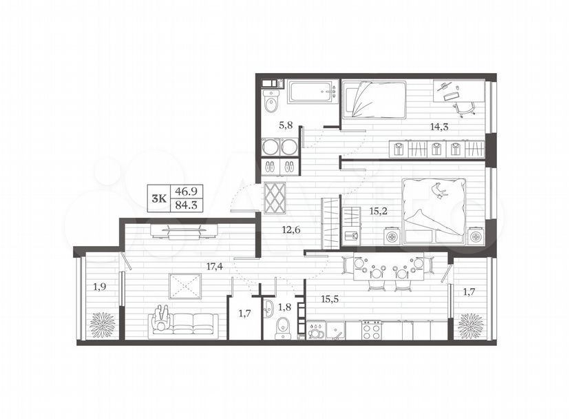 3-к. квартира, 84,3 м², 2/8 эт.