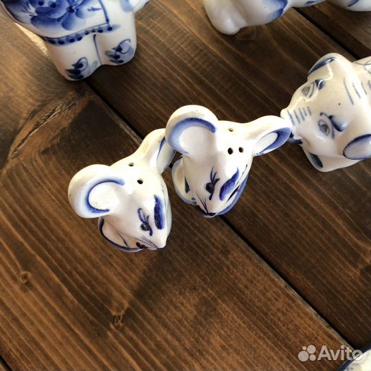 Гжель слон, кот, мыши винтаж СССР