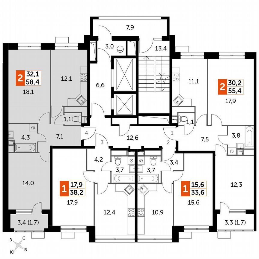 2-к. квартира, 58,4 м², 8/8 эт.