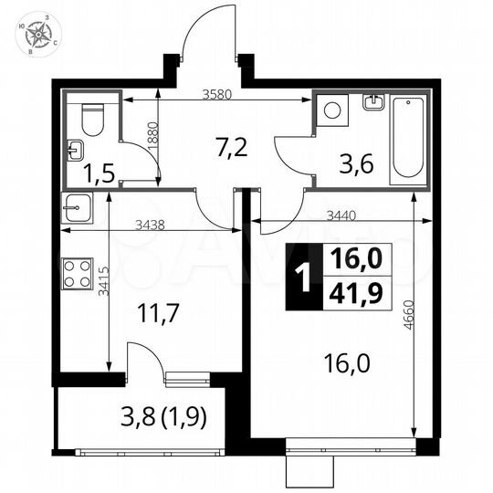 1-к. квартира, 41,9 м², 15/22 эт.