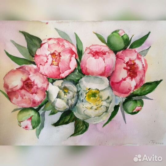 Акварель. Букет пионов