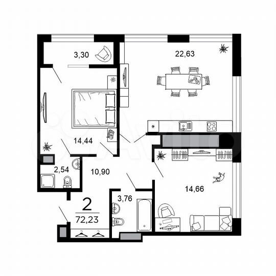 2-к. квартира, 72,2 м², 4/19 эт.