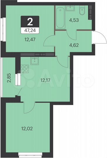 2-к. квартира, 47,2 м², 3/15 эт.
