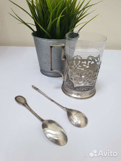 Подстаканник серебро с ложками старинное