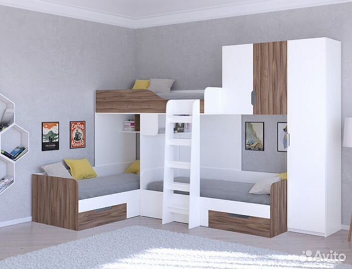 Трехместная кровать трио/2 Дуб молочный/Орех