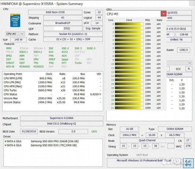 Intel Xeon E5-2699v4 ES CPU 2.1-2.6GHz 22-Core