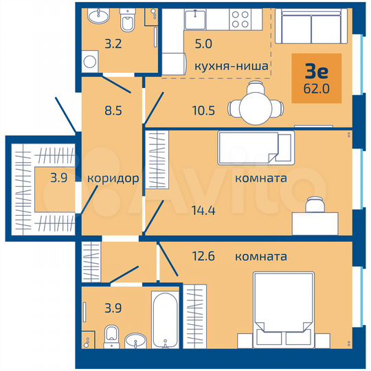 3-к. квартира, 62 м², 1/10 эт.
