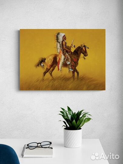 Картина оранжевая индеец на лошади 70 на 50