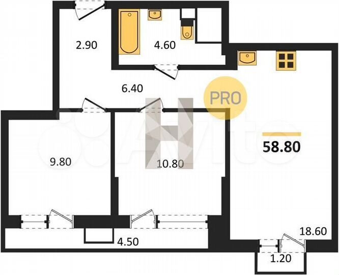 2-к. квартира, 58,8 м², 5/9 эт.