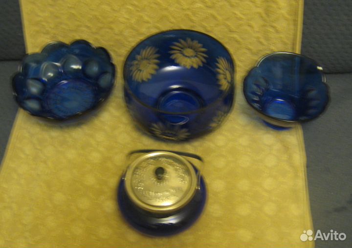 Синее резное стекло хрусталь из СССР