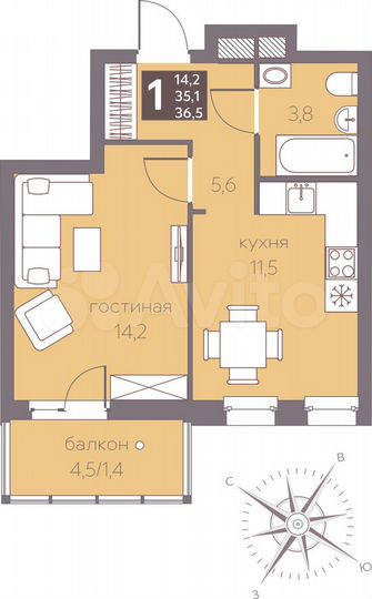 1-к. квартира, 36,5 м², 7/16 эт.