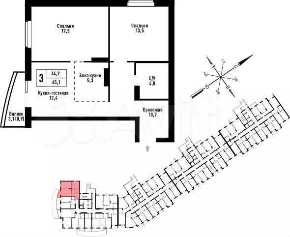 3-к. квартира, 65,1 м², 5/25 эт.