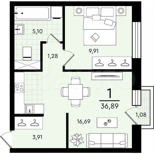 1-к. квартира, 36,9 м², 4/4 эт.