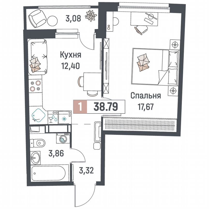 1-к. квартира, 38,8 м², 15/18 эт.