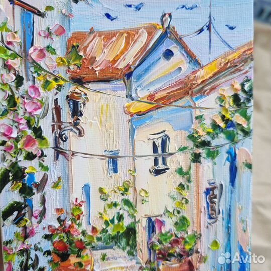 Картина маслом пейзаж Греции миниатюра цветы город