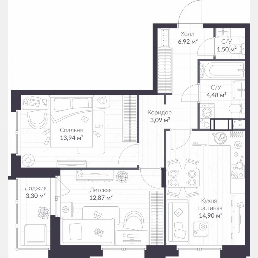 2-к. квартира, 59,4 м², 7/11 эт.