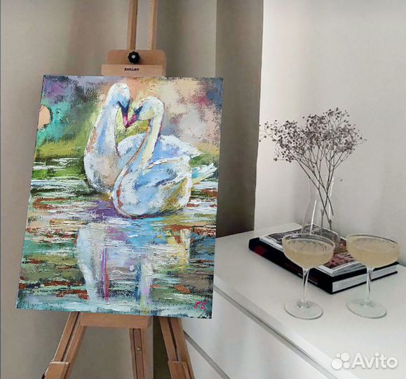 Большая картина с поталью на холсте Птицы