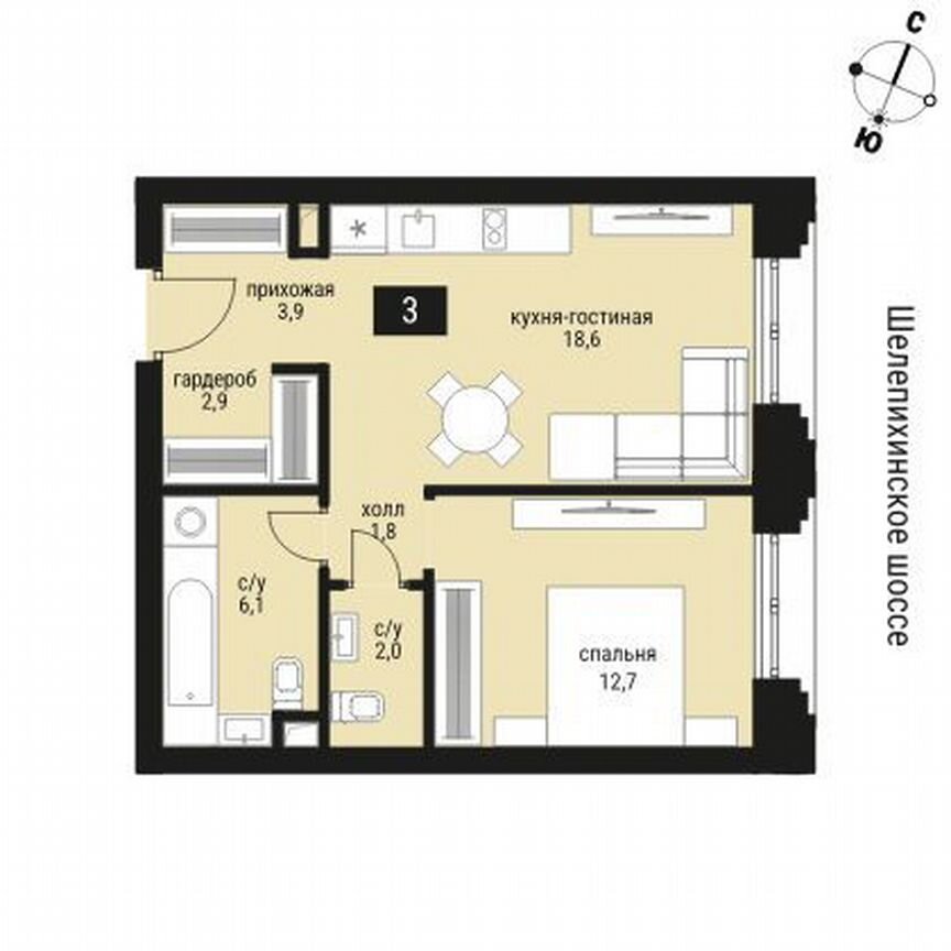 1-к. квартира, 48 м², 2/36 эт.