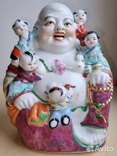 Хотей с карако, фарфор, роспись, деколь, Китай