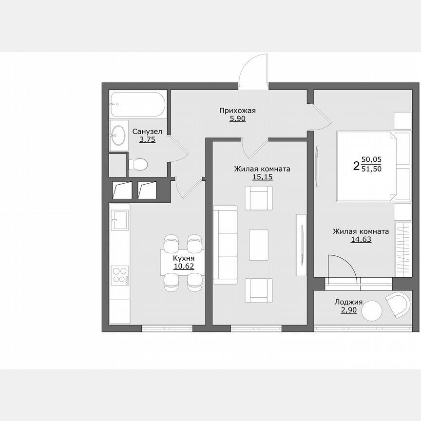 2-к. квартира, 51,5 м², 7/9 эт.