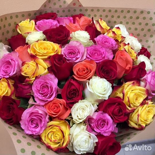 Букет разноцветных роз, Эквадор, 50см 31 шт