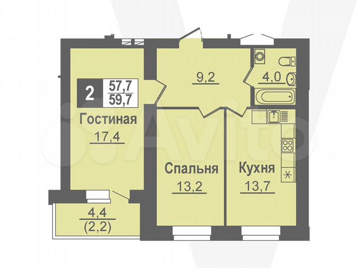 2-к. квартира, 59,7 м², 10/14 эт.