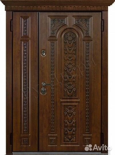 Теплая двустворчатая дверь с окном и ковкой новая
