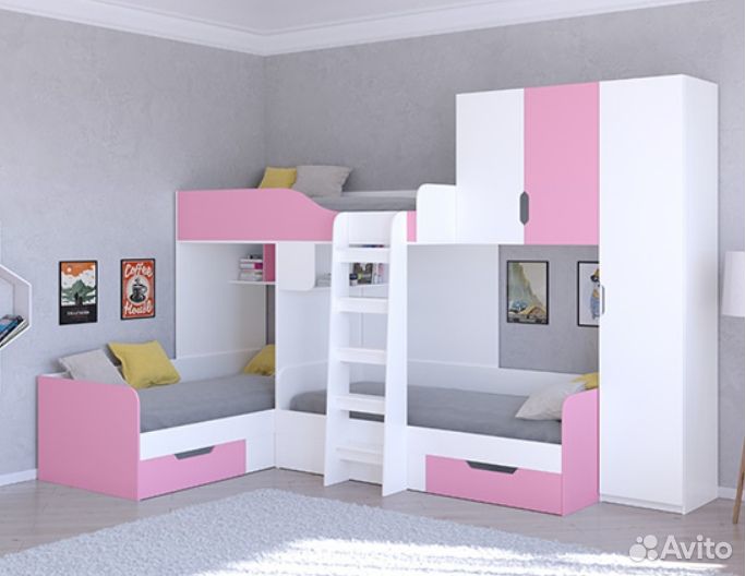 Трехместная кровать трио/2 Дуб молочный/Орех