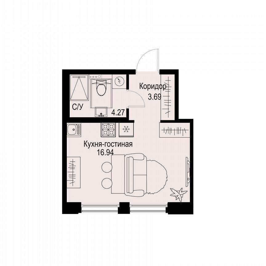 Квартира-студия, 24,9 м², 2/6 эт.