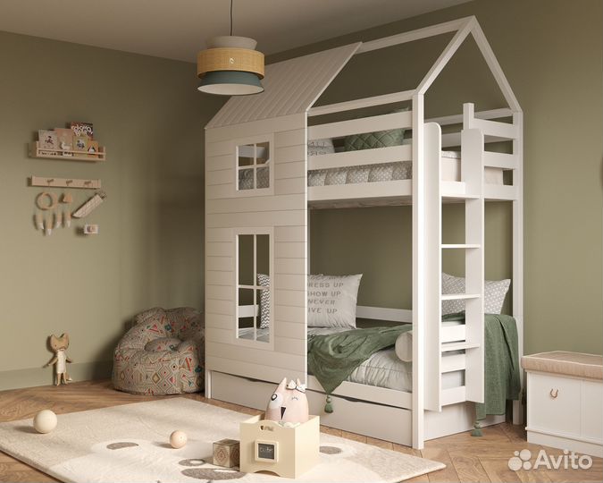 Детская кровать 2 яруса с бортиками домик
