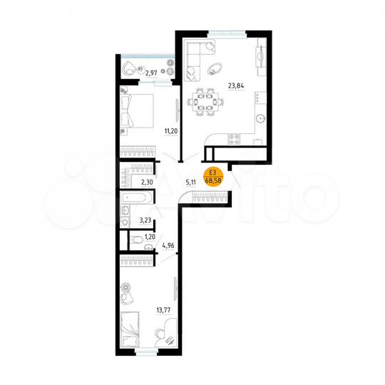 2-к. квартира, 68,6 м², 20/25 эт.