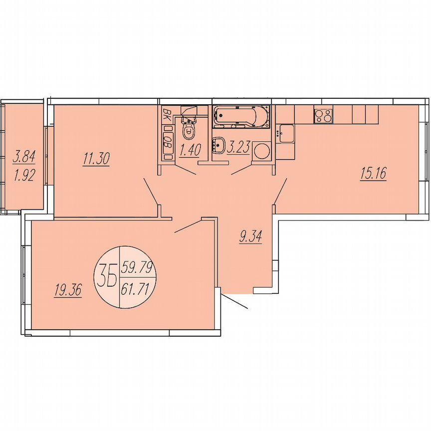 2-к. квартира, 61,7 м², 4/4 эт.