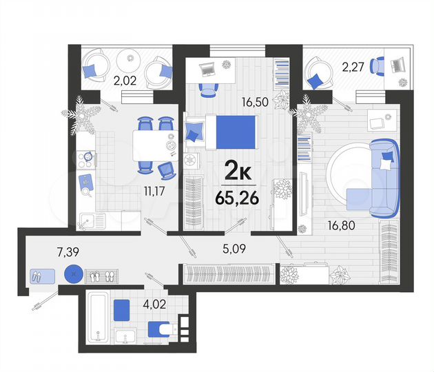 2-к. квартира, 65,3 м², 3/7 эт.