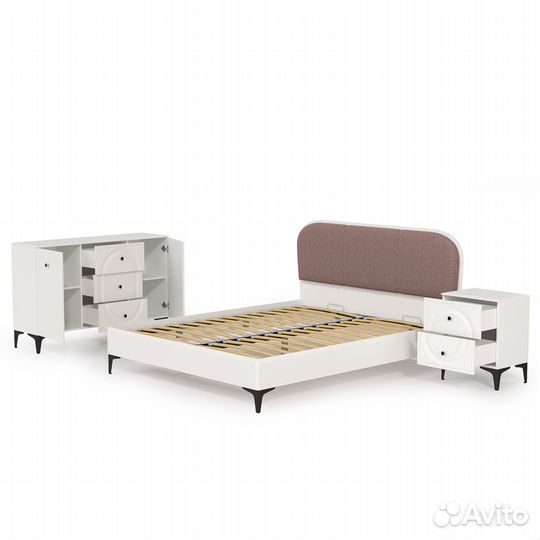 Валенсия кровать с мягкой спинкой и ортопедическим основанием 1600 с тумбочкой и тв тумбой-комодом