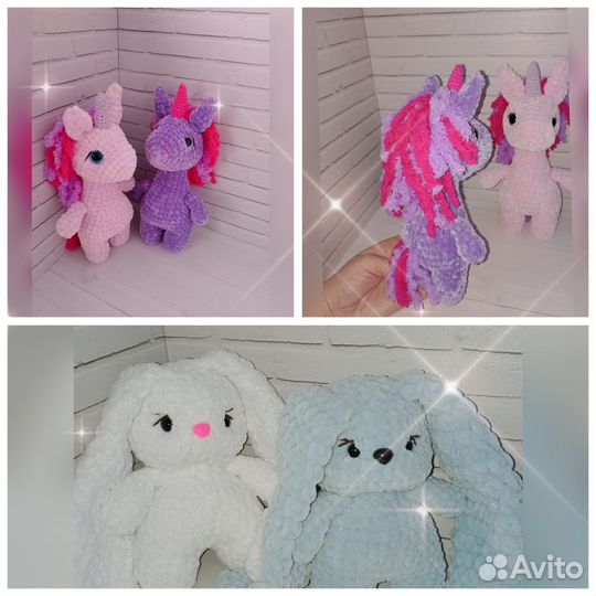 Вязаные игрушки ручной работы.Единорог, заяц