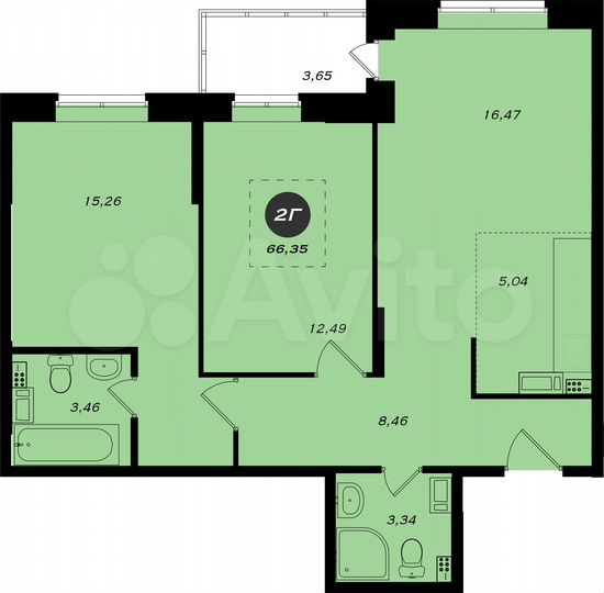 2-к. квартира, 66,4 м², 1/19 эт.