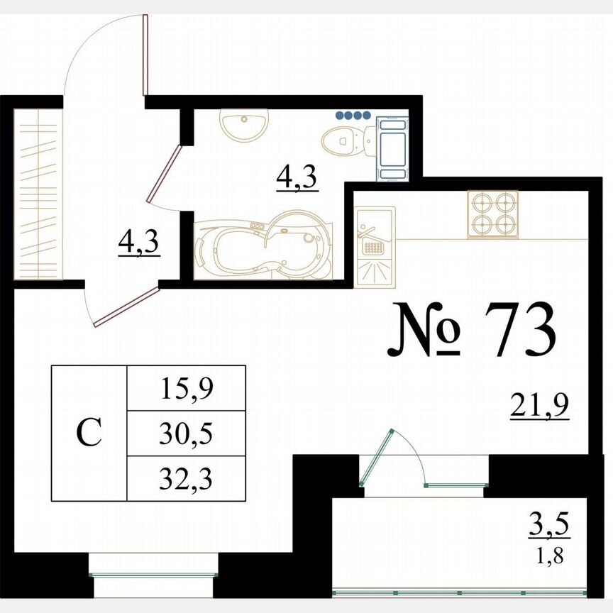 Квартира-студия, 32,3 м², 8/8 эт.