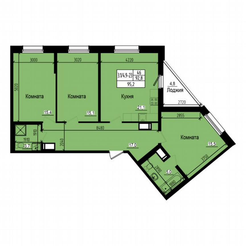 3-к. квартира, 95,2 м², 22/23 эт.