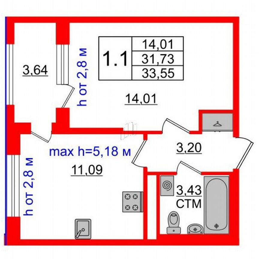 1-к. квартира, 31,7 м², 4/4 эт.