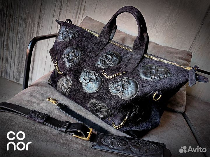 Дорожная кожаная сумка с черепами,Skull,черная, ру