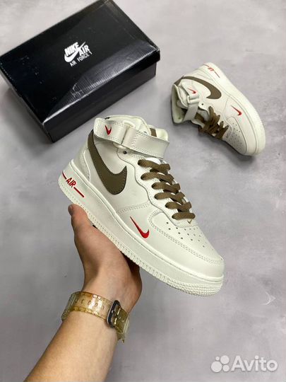 Зимние Nike Air Force 1 mid White/Brown (с мехом)