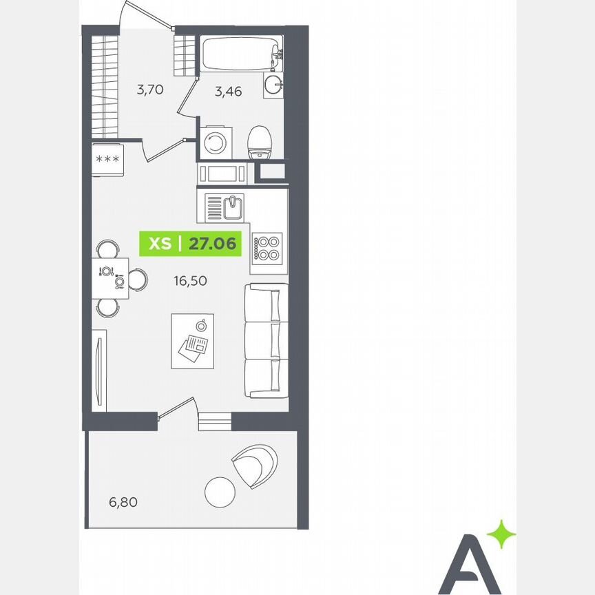 Квартира-студия, 27,1 м², 12/12 эт.
