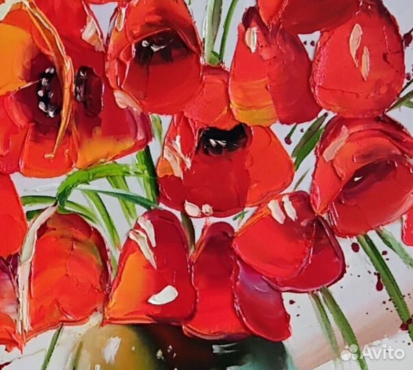 Картина холст масло 48*58 маки цветы букет