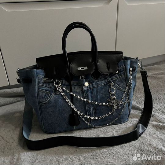 Сумка женская джинс и кожи в стиле Hermes Birkin